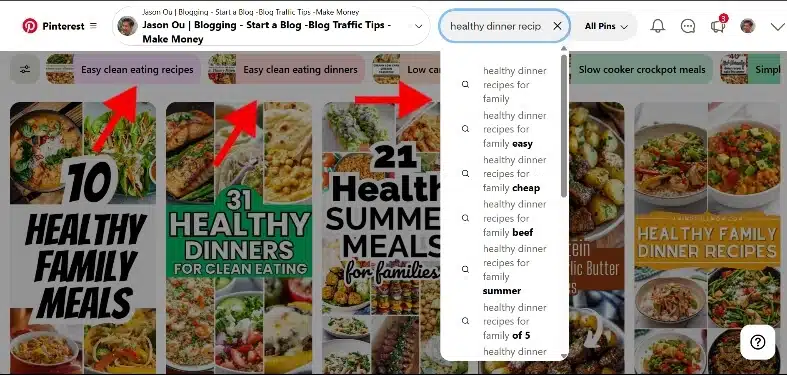 Screenshot about how to find keywords for beginners with Pinterest search. 