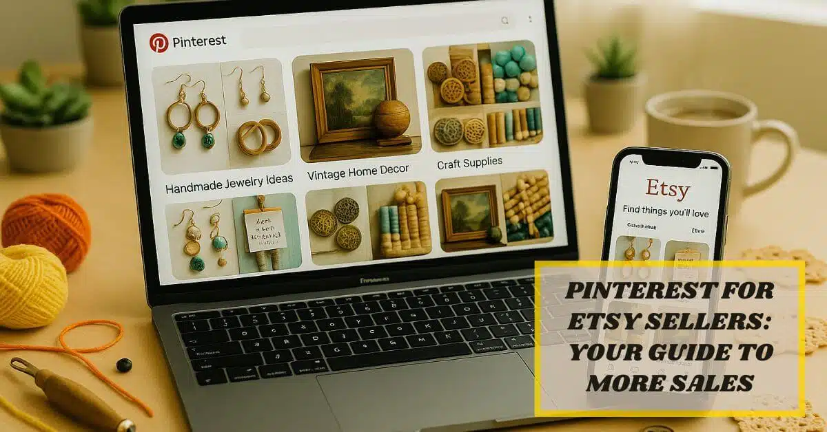 A visual of a laptop and an overlay text How to Use Pinterest for Etsy Sellers: Your Guide to More Sales