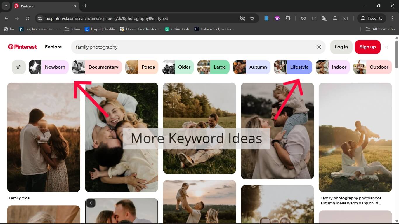 Photographer keyword research using Pinterest search bar for more keyword ideas.  Keyword Bubble ideas.