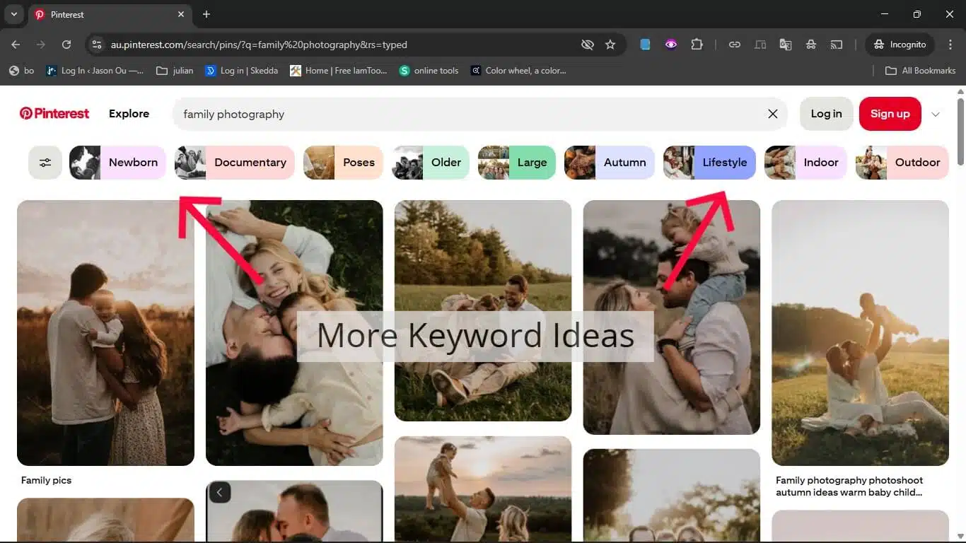 Photographer keyword research using Pinterest search bar for more keyword ideas.  Keyword Bubble ideas.