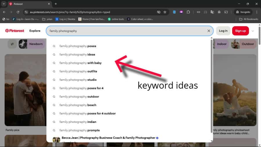 Photographer keyword research using Pinterest search bar for more keyword ideas. 