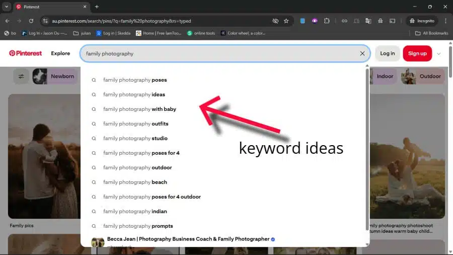 Photographer keyword research using Pinterest search bar for more keyword ideas. 